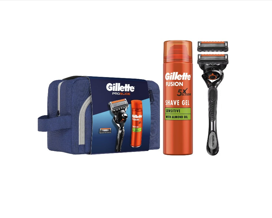 Set cadou GILLETTE Fusion Proglide, aparat de ras cu 1 rezerva + gel de ras Fusion Sensitive 200 ml + trusa de voiaj infant-ro