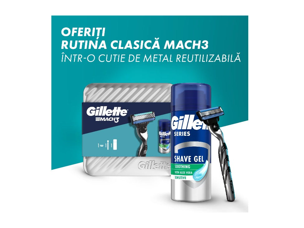 Set cadou Gillette Mach3: Aparat de ras + Gel de ras cu efect calmant, 75 ml + Cutie reutilizabila infant-ro