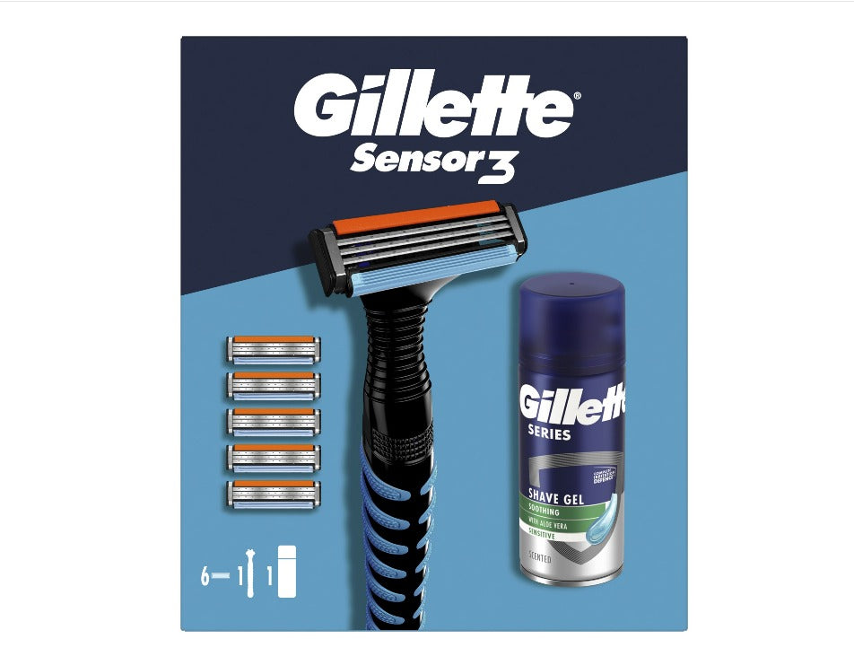 Set cadou Gillette Sensor3: Aparat de ras + 5 Lame de rezerva + Gel de ras Sensitive, 75 ml infant-ro