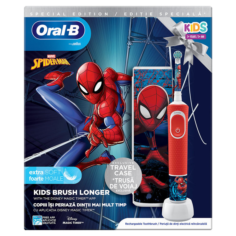 Set cadou X-Mas Oral-B Vitality Power Kids Spiderman periuta de dinti electrica pentru copii + Trusa de calatorie, albastru infant-ro