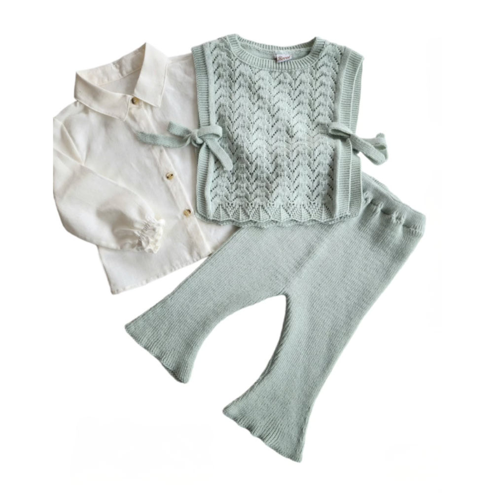 Set 3 Piese cu Vesta Tricotata Verde Menta - Imagine 2