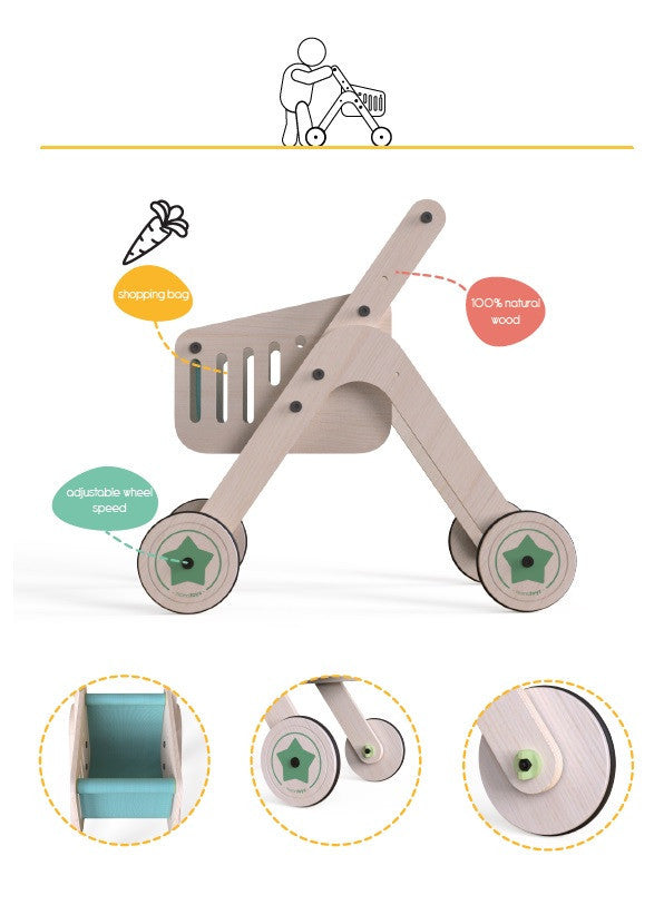 Antepremergator din lemn 2 in 1 MamaToyz cu cos de cumparaturi