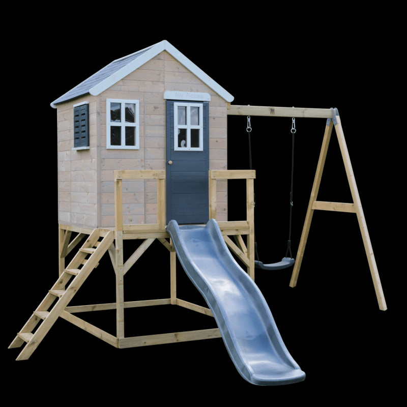 Casuta de gradina Grey Lodge cu platforma, tobogan si leagan (M24G), Wendi Toys