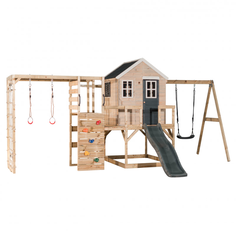 Casuta de gradina Grey Lodge cu tobogan, leagan, modul sport, Wendi Toys