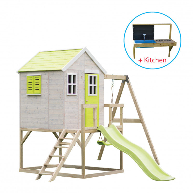 Casuta de gradina Lime Lodge cu tobogan, leagan, bucatarie, Wendi Toys