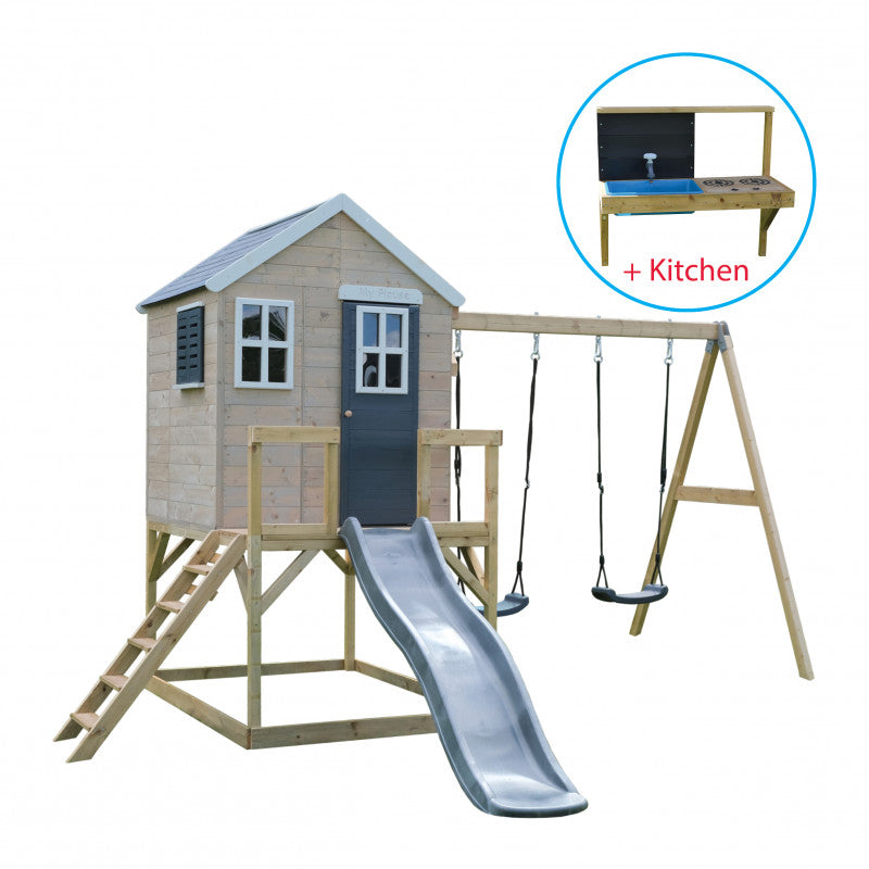 Casuta de gradina Lime Lodge cu tobogan, leagan dublu si bucatarie (M28G_K), Wendi Toys