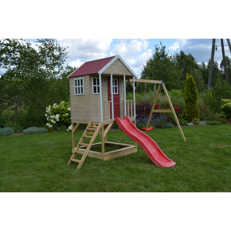 Casuta de gradina Nordic Adventure House cu platforma cu loc pentru nisip, tobogan si leagan dublu (M30R), Wendi Toys