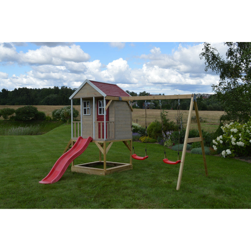 Casuta de gradina Nordic Adventure House cu platforma cu loc pentru nisip, tobogan si leagan dublu (M30R), Wendi Toys