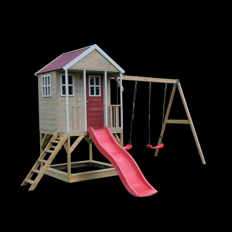 Casuta de gradina Nordic Adventure House cu platforma cu loc pentru nisip, tobogan si leagan dublu (M30R), Wendi Toys