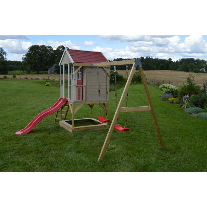Casuta de gradina Nordic Adventure House cu platforma cu loc pentru nisip, tobogan si leagan dublu (M30R), Wendi Toys