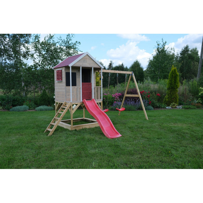 Casuta de gradina Summer Adventure House cu platforma cu loc pentru nisip, tobogan si leagan dublu (M29R), Wendi Toys