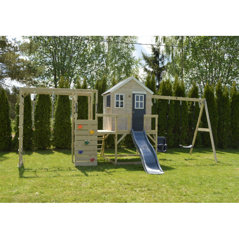 M28G_G - Casuta de gradina Grey Lodge cu tobogan, leagan dublu, modul sport (M28G_G), Wendi Toys