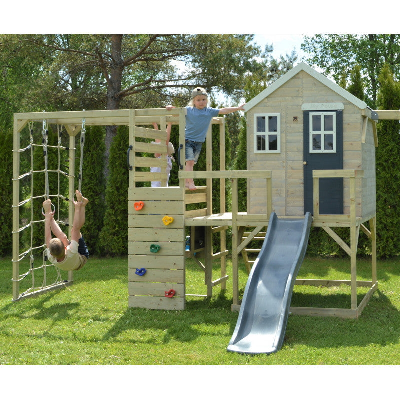 M28G_G - Casuta de gradina Grey Lodge cu tobogan, leagan dublu, modul sport (M28G_G), Wendi Toys