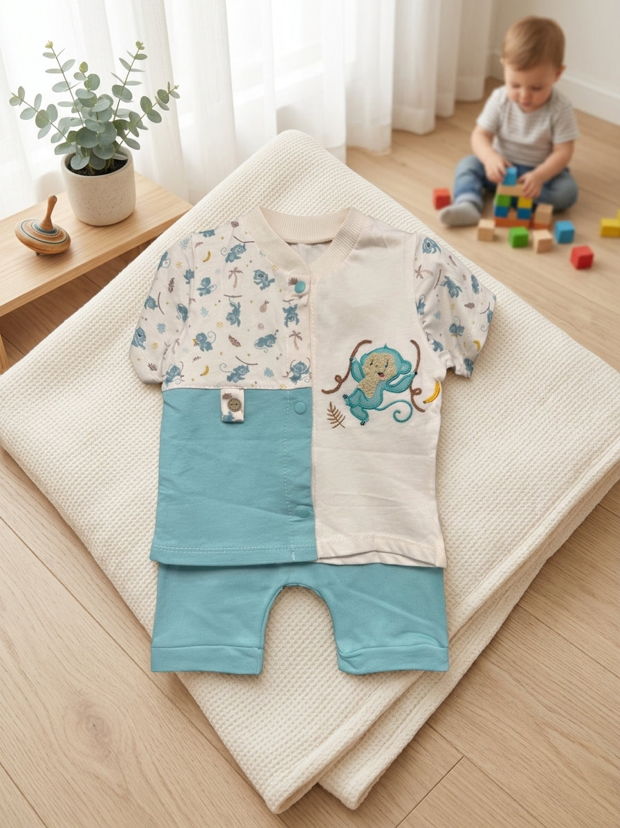 Set bebe băieți tricou cu maimuță și pantaloni scurți Turcoaz 3-6 Luni [ps:ea21b978-30e1-43cb-89e1-6cecb1d73f5a]