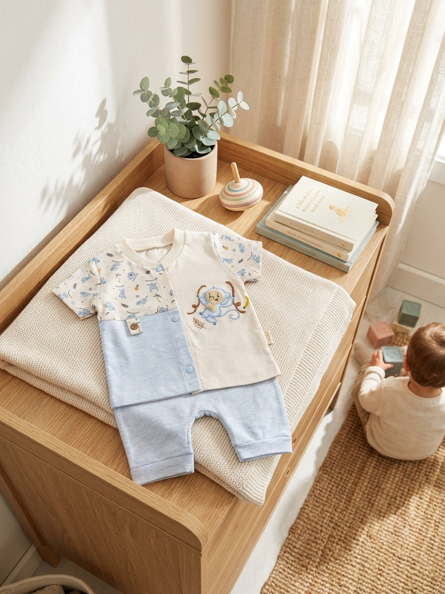 Set bebe băieți tricou cu maimuță și pantaloni scurți Bleu 6-9 Luni [ps:86adfb78-4ffa-4816-a99e-0eace4828282]