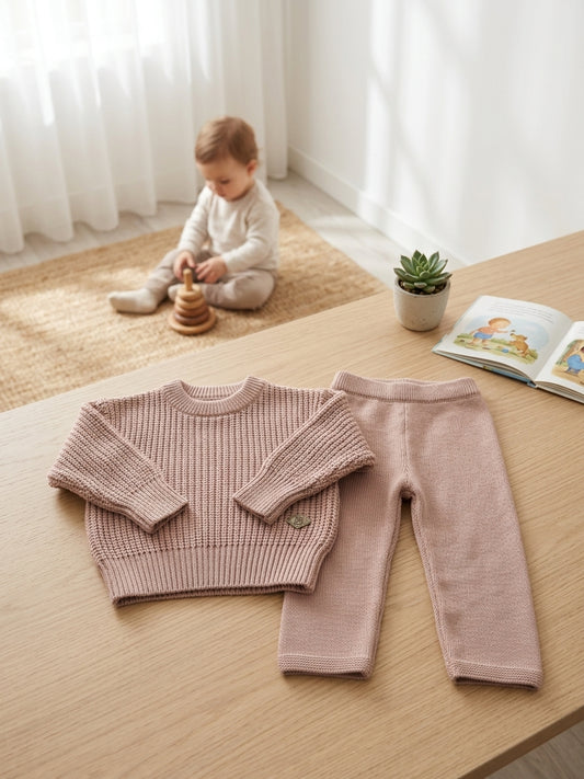 Set tricot bebe cu bluză și pantaloni Belot Roz Pudrat 9-12 Luni [ps:3d0ecbf9-be5d-4499-a3d2-d7d527a07a2e]