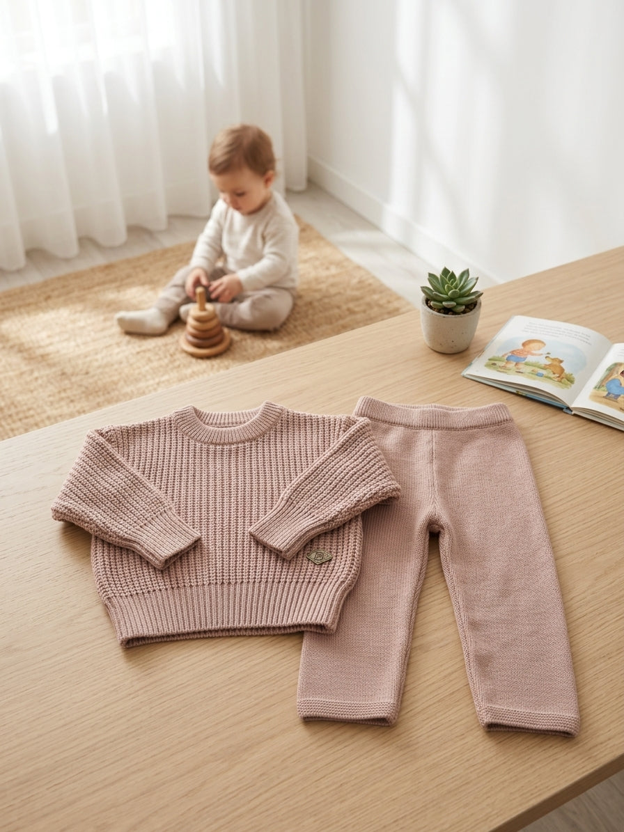 Set tricot bebe cu bluză și pantaloni Belot Roz Pudrat 6-9 Luni [ps:342c90d0-7ef6-40cb-bf90-fff9185c2d76]