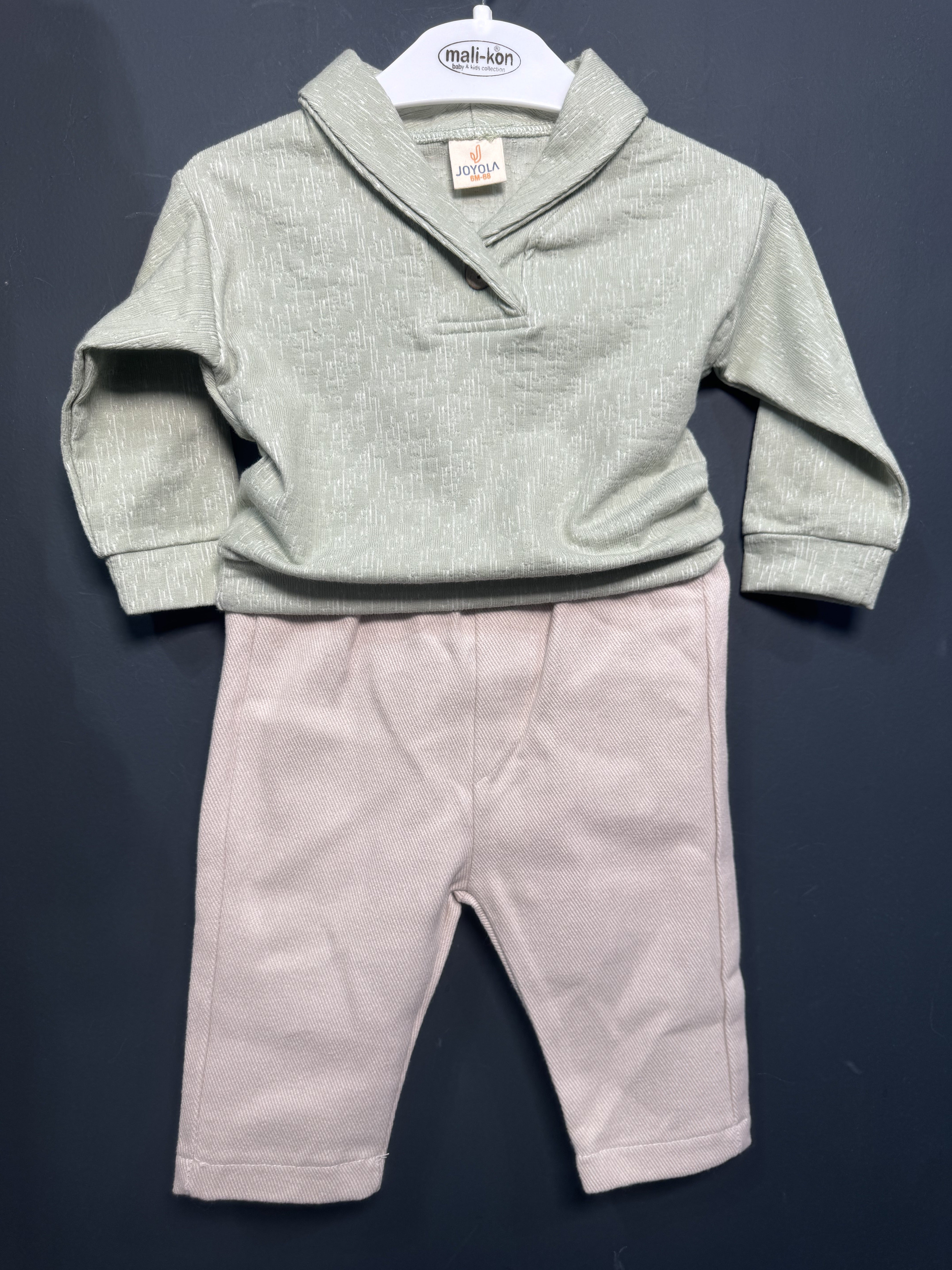 Set bebe Joyola cu guler șal și pantaloni reiați Verde 12-18 Luni [ps:933e4035-35c8-4194-994a-0e2229561122]