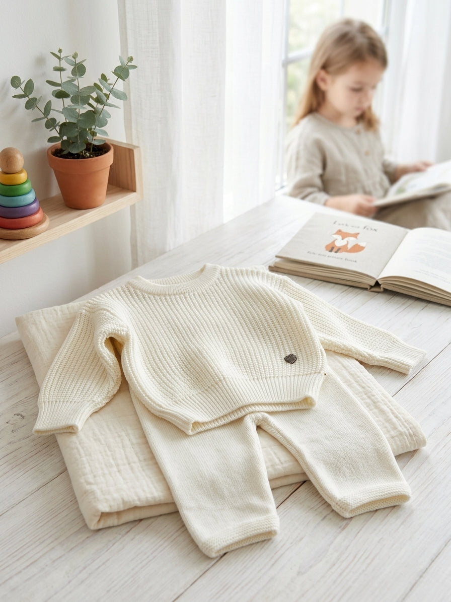 Set tricot bebe cu bluză și pantaloni Belot Alb ivoire 9-12 Luni [ps:a35a3de5-a602-4468-acc4-01d042dce4bf]