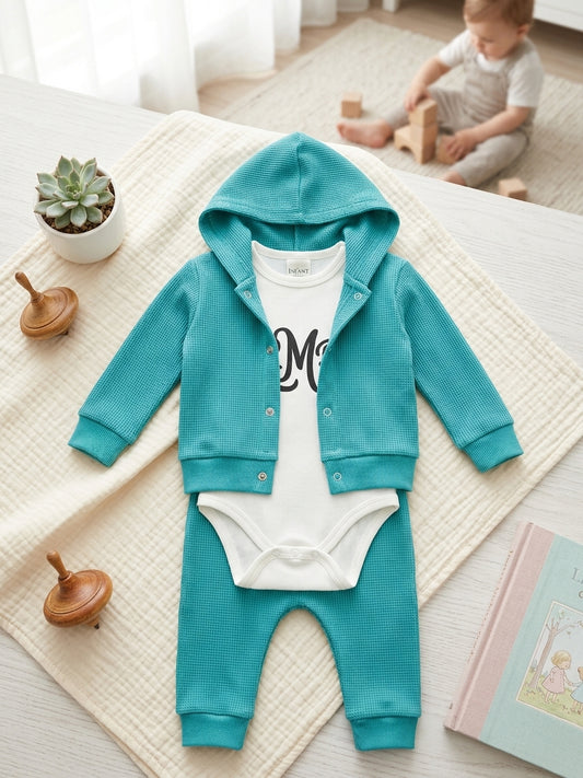 Compleu bebe cu body, hanorac și pantaloni Lamra, reiat Turcoaz 12-18 Luni [ps:12148add-7688-447c-ba2c-9b2050d80341]