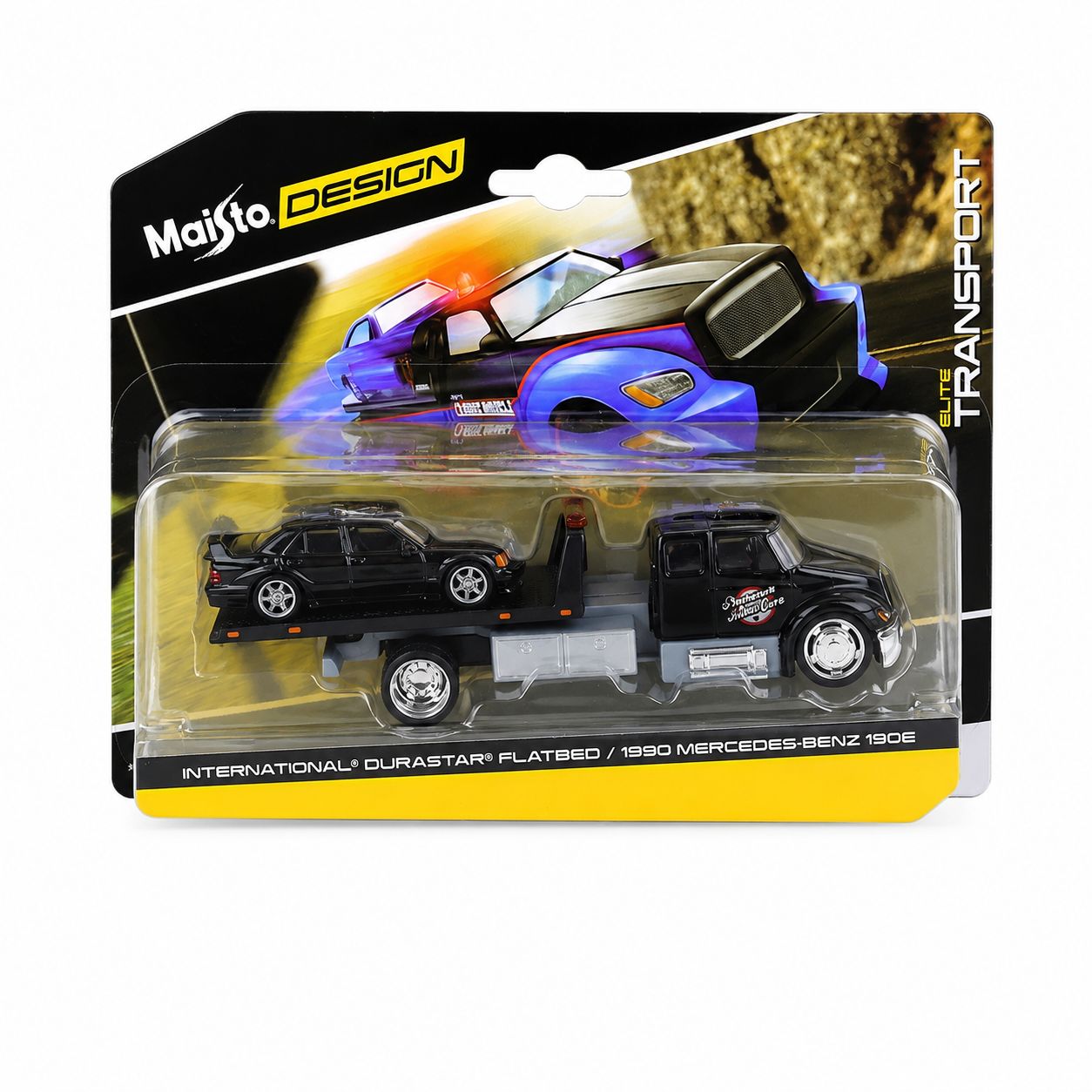 Set jucării Fresh Metal Design Elite - Camion cu rampă International Durastar și Mercedes-Benz 190E, scara 1:64 [ps:9481ae43-89f5-4c07-9ba3-0abfbc5a66da]