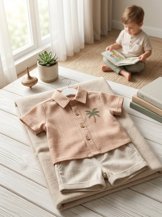 Set cămașă și pantaloni scurți băieți, bumbac 100%, - Bej [ps:6d525101-49e2-4eb9-b07d-f6ab9608a130]