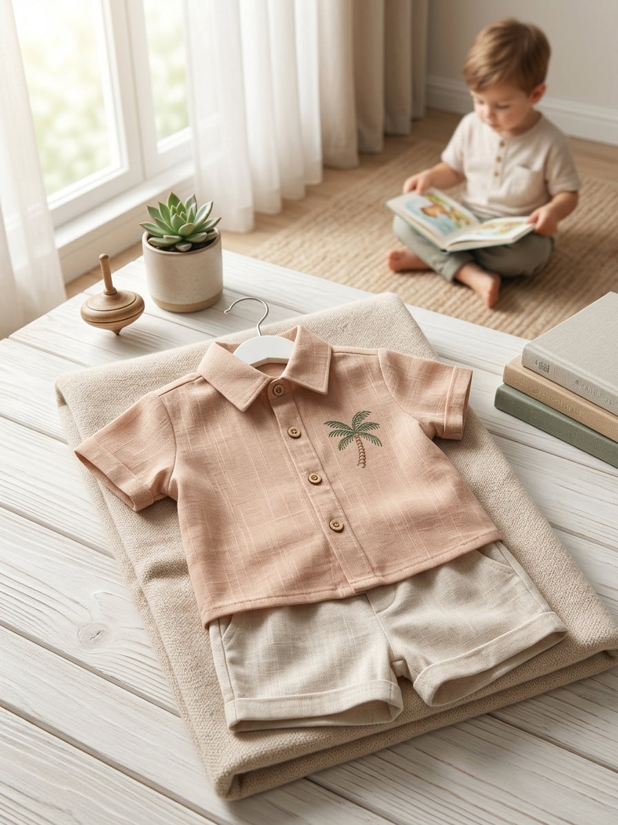 Set cămașă și pantaloni scurți băieți, bumbac 100%, - Bej [ps:6d525101-49e2-4eb9-b07d-f6ab9608a130]
