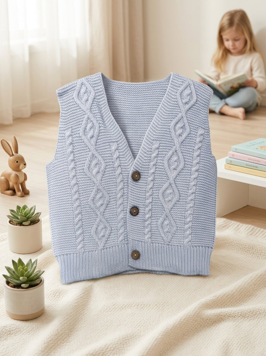 Vestă Tricotată Bebe cu Torsade și Nasturi Lemn Roz, INFANT - Bleu [ps:06c1a238-d506-49ab-8194-562979a76423]