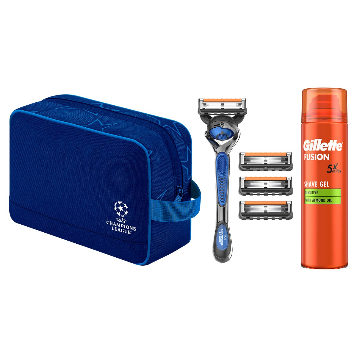 Set cadou GILLETTE ProGlide UEFA Champions League, aparat de ras + 4 rezerve + gel de ras Fusion + trusa de voiaj [ps:fe691245-f419-42ac-a1f8-aa44a201abb3]