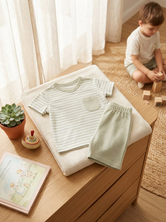 Set tricou și pantaloni scurți, dungi subțiri Bleu 2 ANI - Verde [ps:1f1ac8bb-78b3-4270-904c-c886fb823cb4]