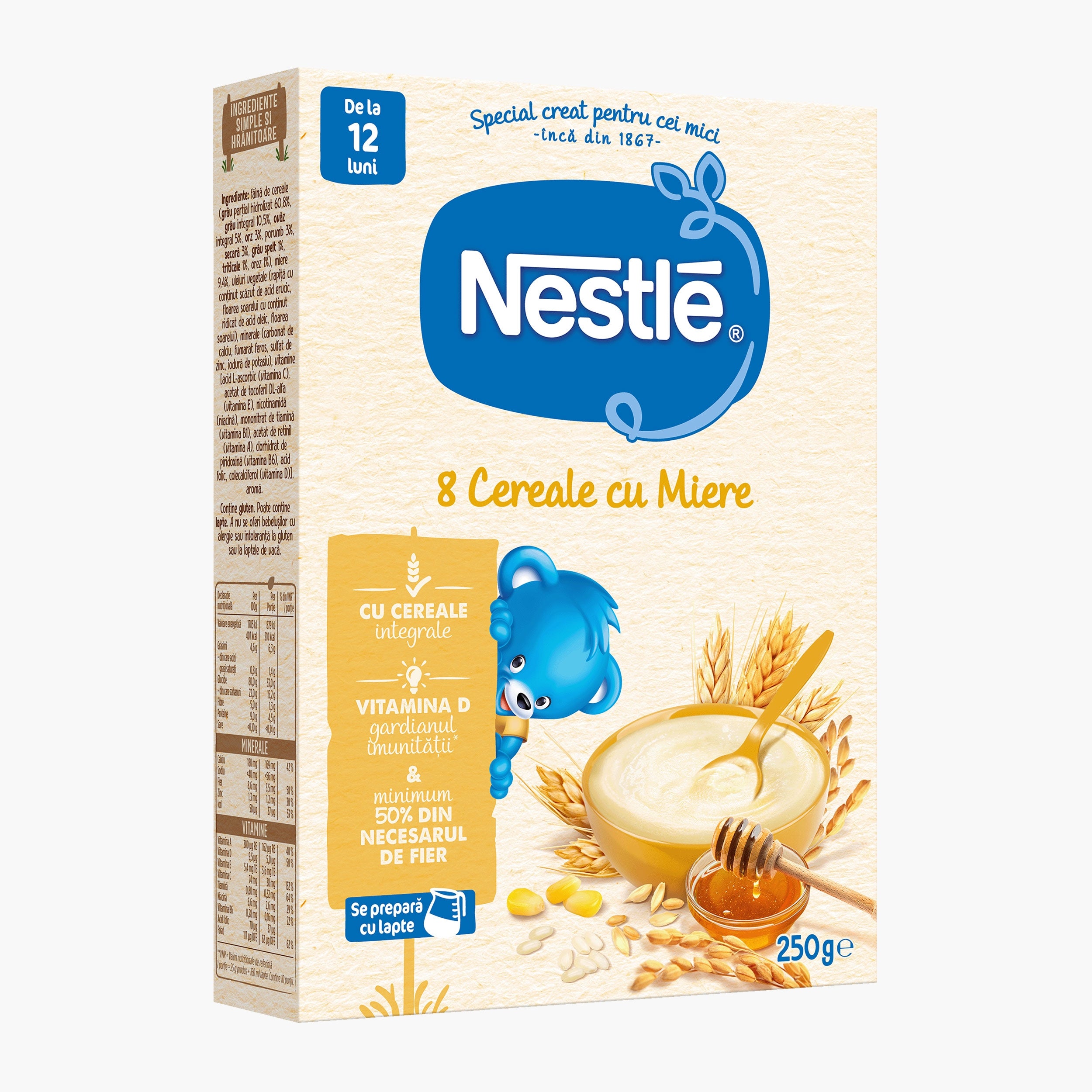 NESTLE Baby, 8 cereale, cu miere, 250 g [ps:d9eafd9a-2f36-4a56-b48f-c8180b8d3f8e]