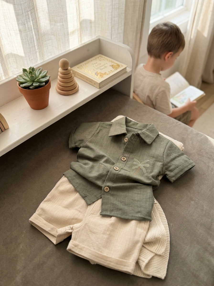 Set cămașă și pantaloni scurți băieți, bumbac 100%, - Verde [ps:ca9cd868-5cb0-42bc-9dd3-836be7f486c6]