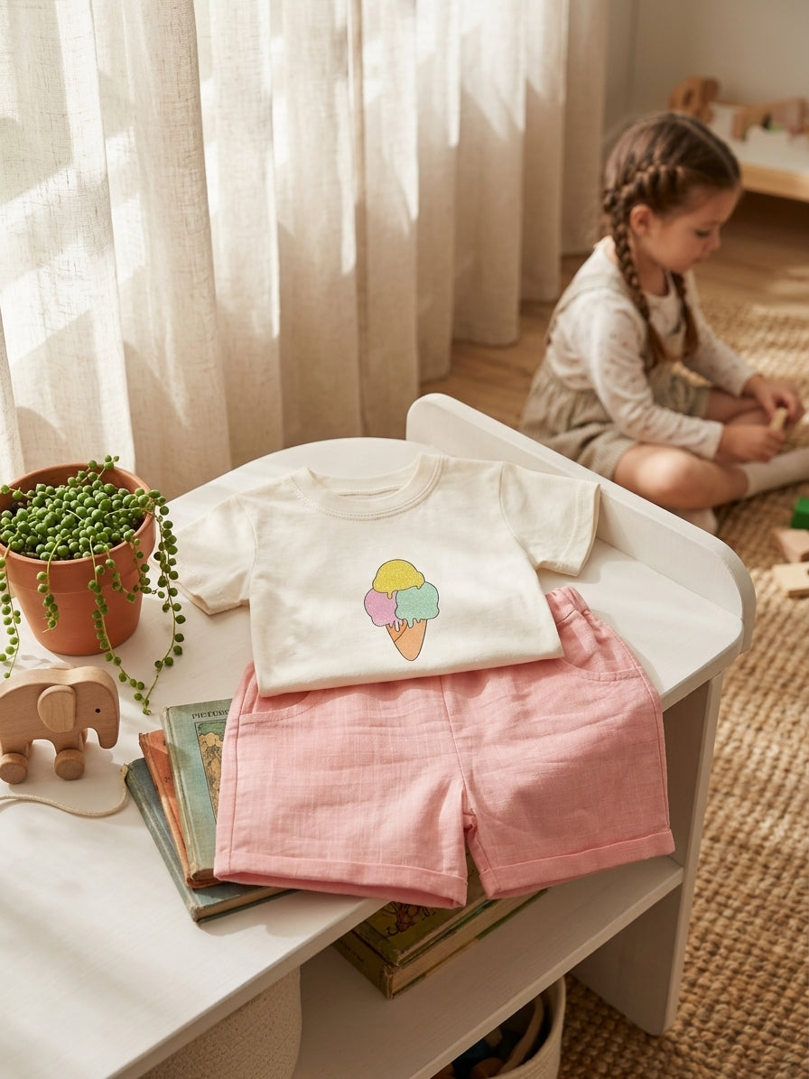 Set tricou și pantaloni scurți din in cu înghețată - 9-12 Luni [ps:336604b2-4bba-479b-b6ff-b95567a96f07]