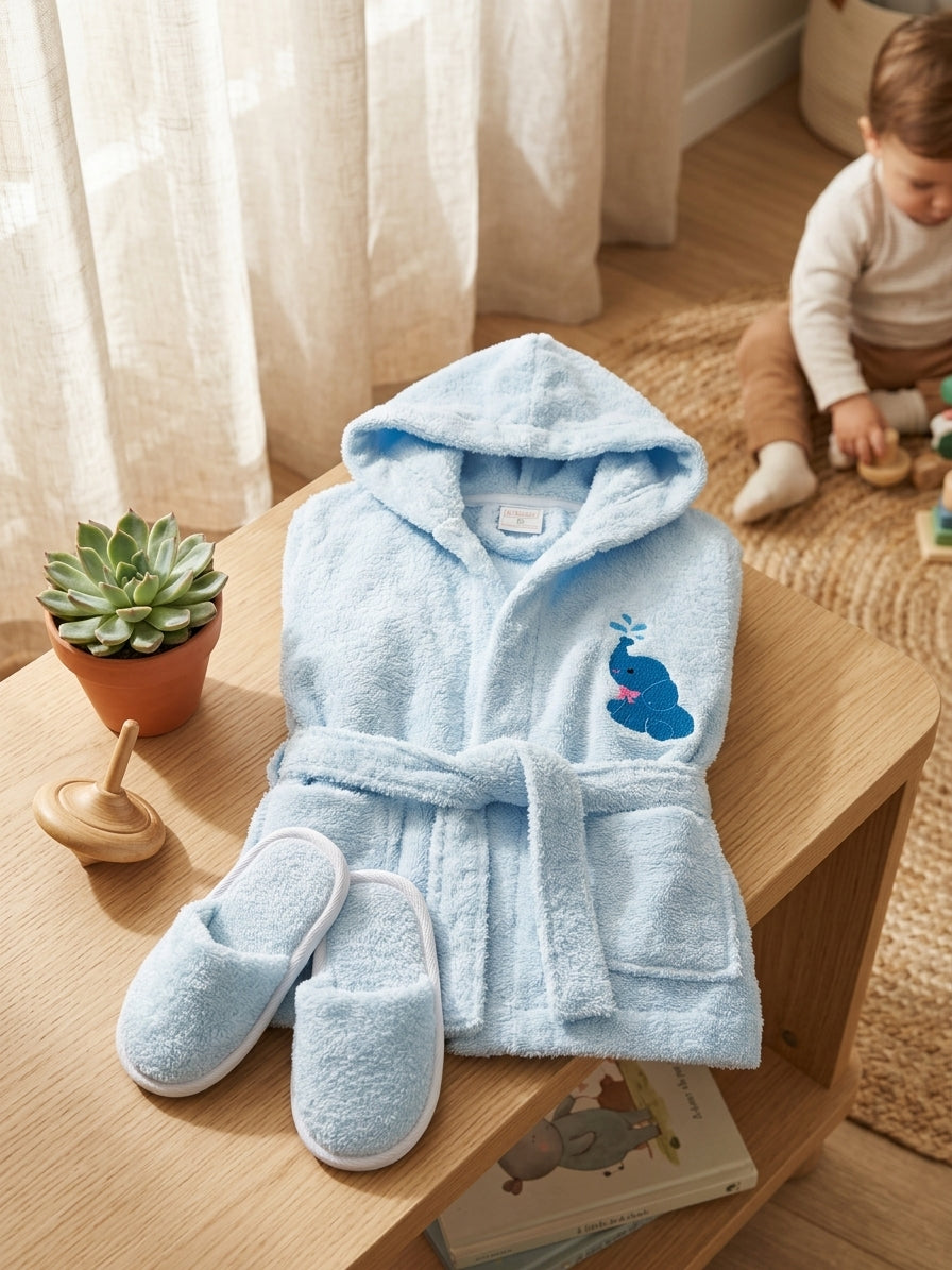 Halat de baie cu glugă și papucei Luluco Baby, bumbac - Bleu [ps:105bf6af-40bc-4a1e-a22d-130932cfcd71]