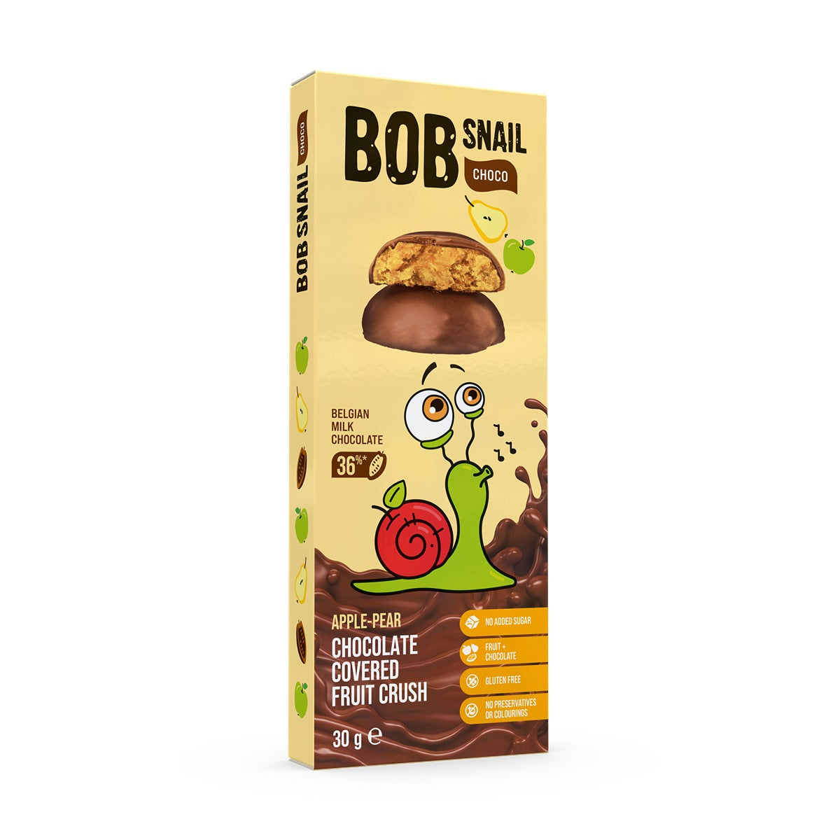BOB SNAIL Fruit Crush, Fructe cu ciocolata cu lapte, gustare din fructe, cu mere si pere, 30 g [ps:117d1ab8-6da0-44f1-8738-5d294b57e7d8]
