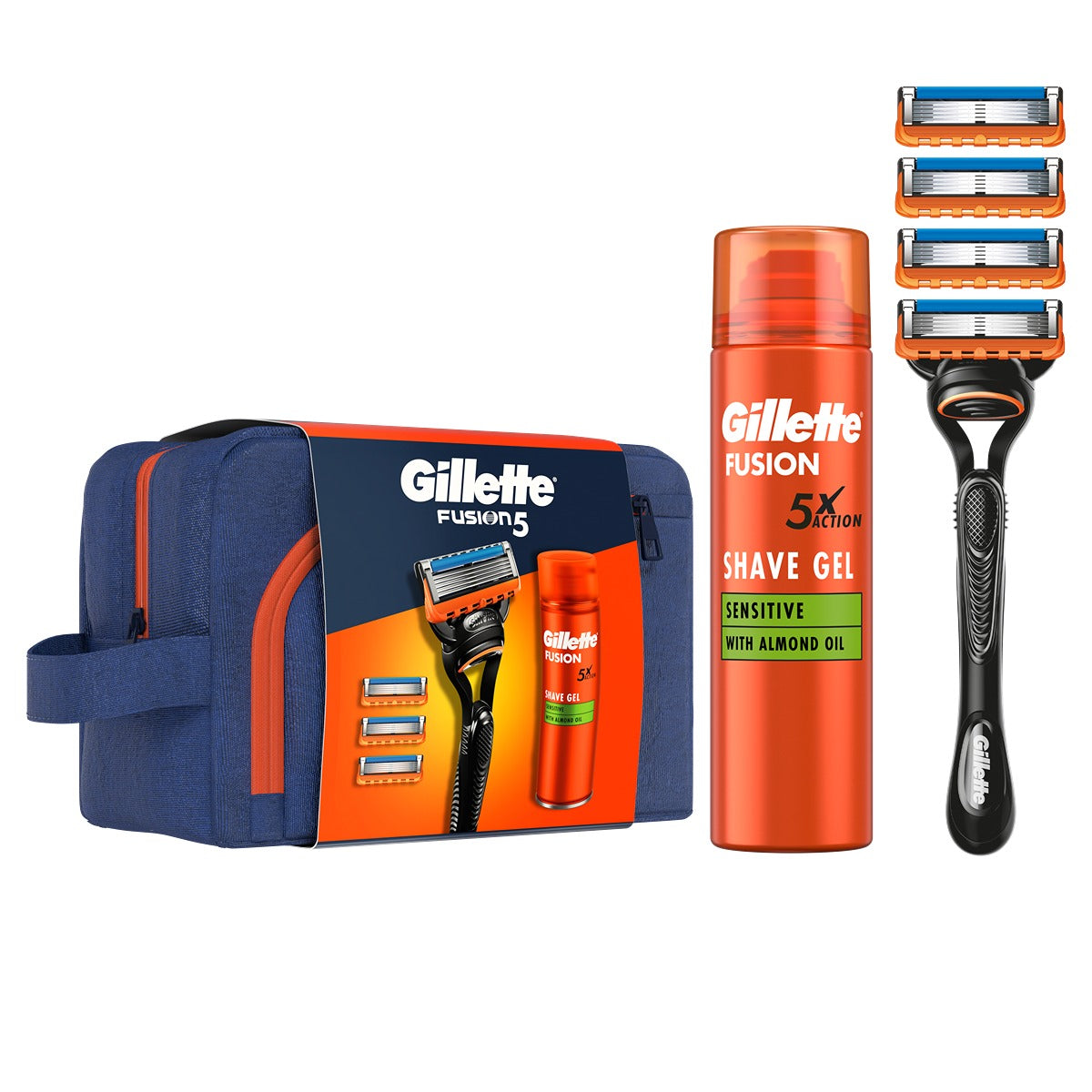 Set cadou GILLETTE Fusion: Aparat de ras, maner + 3 rezerve + Gel de ras Fusion Ultra Sensitive, 200 ml + Gentuta voiaj [ps:edad0184-006d-49ee-a256-e63810fee605]