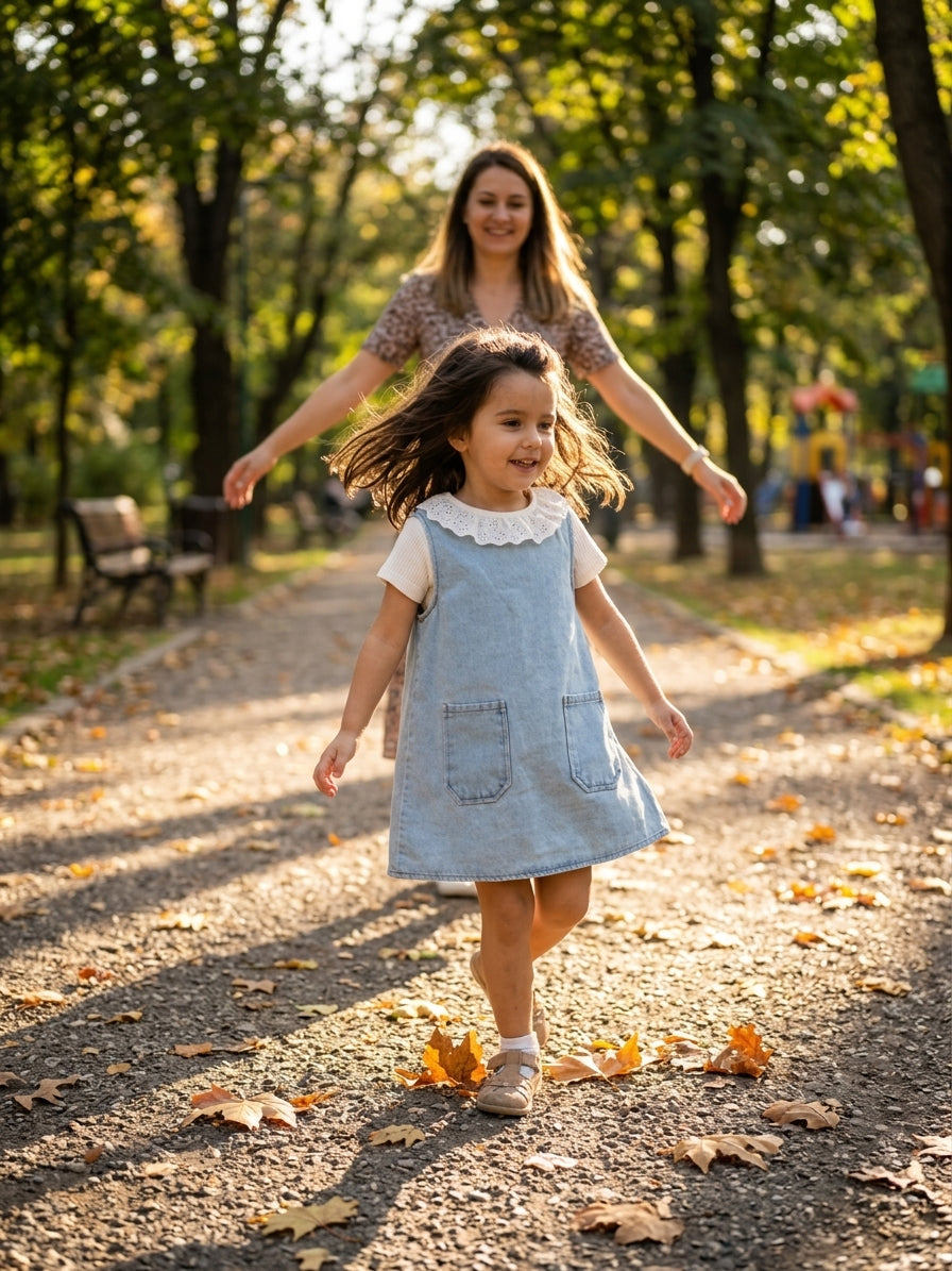 Set sarafan denim și tricou cu guler dantelă 4 ANI INFANT - 5 ANI [ps:6416c7bf-a153-4cc5-9e24-f9034422f1f1]