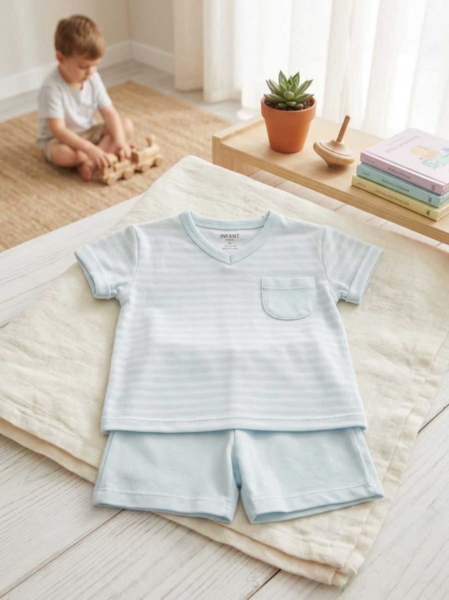 Set tricou și pantaloni scurți, dungi subțiri Bleu 2 ANI - Bleu [ps:307dfffa-6dfc-4fee-b1fd-09e1aae218fa]