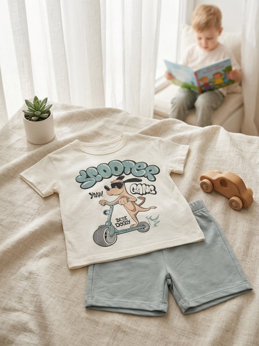 Set tricou și pantaloni scurți băieți cu imprimeu câine - Turcoaz [ps:5ec515c7-200f-4cd9-a476-d208d924bfa4]