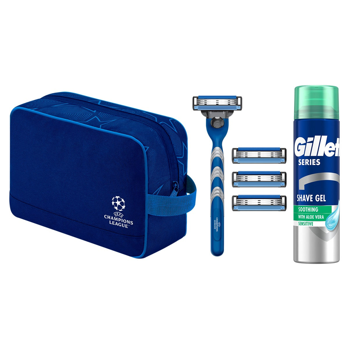Set cadou GILLETTE Mach3 UEFA Champions League, aparat de ras + 3 rezerve + spuma de ras Sensitive aloe vera 200 ml [ps:c5b2cc56-5d20-412a-873b-7c4a1e7981f3]