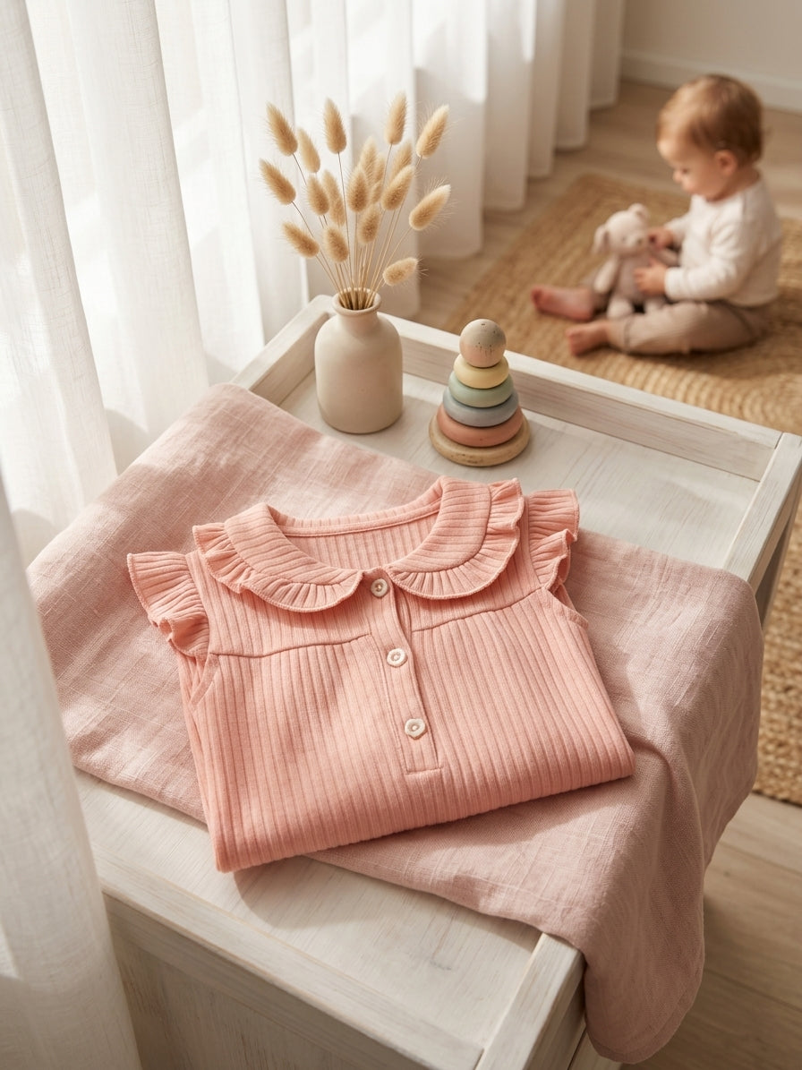 Salopetă Elegantă Bumbac cu Volane Roz 0-3 Luni | INFANT - Somon [ps:354a51f4-3a9a-491d-80dc-50d413947e60]