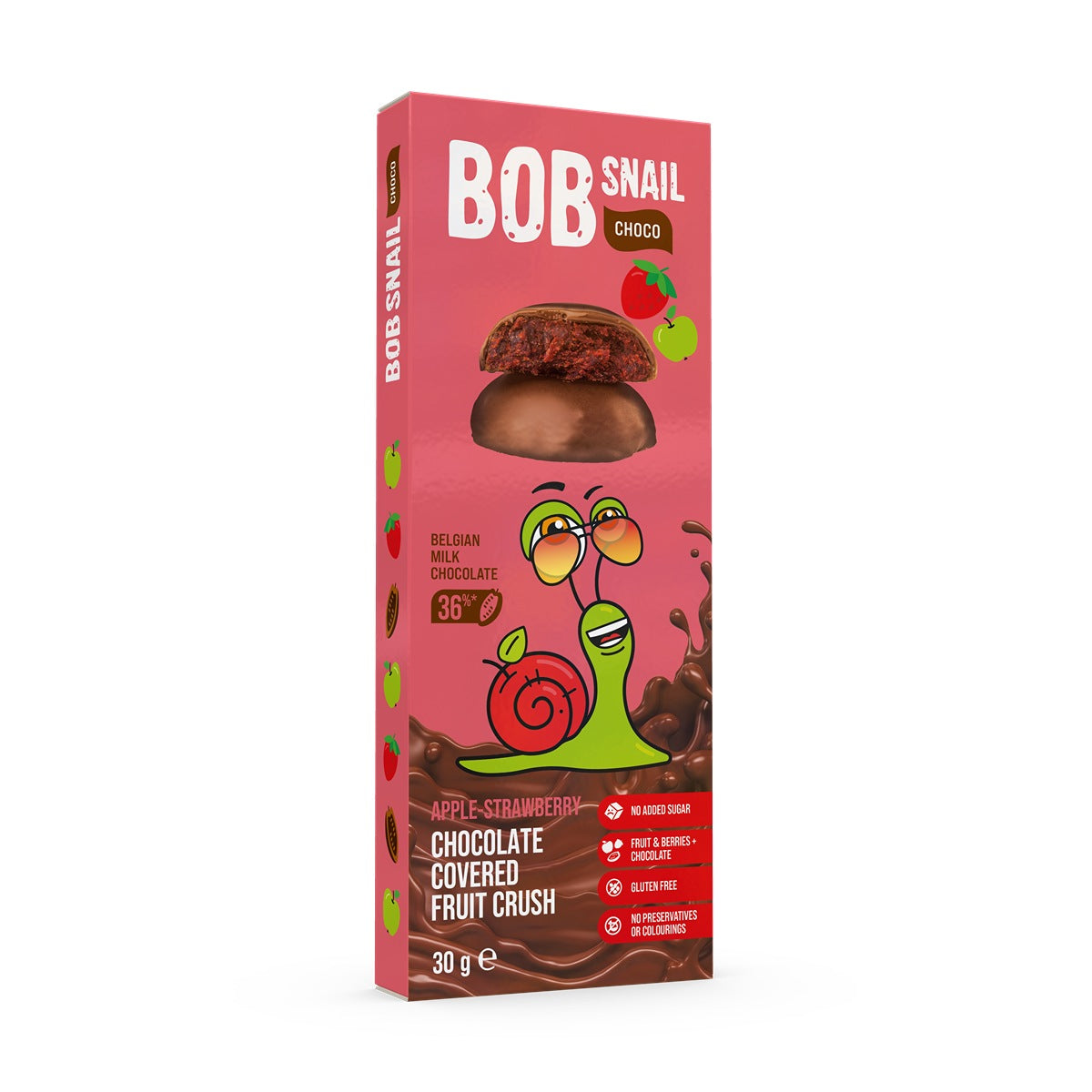BOB SNAIL Fruit Crush, Fructe cu ciocolata cu lapte, gustare din fructe, cu mere si capsune, 30 g [ps:c414b791-10c5-45a4-b296-9bed5352663f]