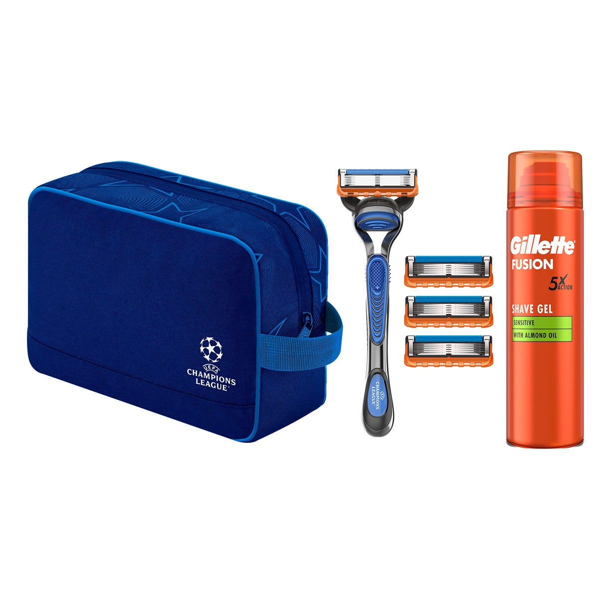 Set cadou GILLETTE Fusion5 UEFA Champions League, aparat de ras + 3 rezerve + gel de ras Sensitive cu ulei masline 200 ml [ps:e4733d81-941e-4749-8e74-9a0bcb1a83af]