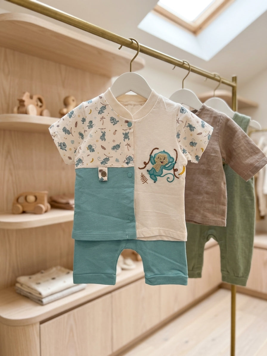 Set bebe băieți tricou cu maimuță și pantaloni scurți - Turcoaz [ps:1e905aec-cf6f-40fe-92a9-bff7e97db518]