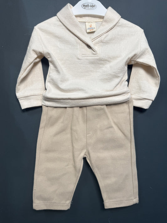 Set bebe Joyola cu guler șal și pantaloni reiați 3-18 luni | Infant.ro - Bej [ps:2d45b08f-25f5-4b90-a25c-94dde225977f]