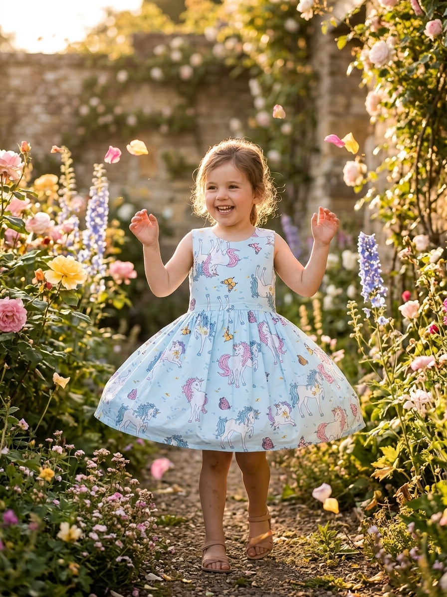Rochiță Fete cu Unicorni și Fluturi Ciel, 3 Ani - INFANT - 5 ANI [ps:0da83e16-30f5-4234-88b9-fb7799c39604]