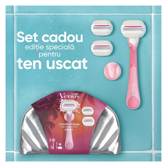 Set cadou GILLETTE Venus Comfort Glide Miami, maner + 3 rezerve + suport pentru dus + gentuta [ps:37b003b5-56ad-4841-95c9-7fffa4864c96]