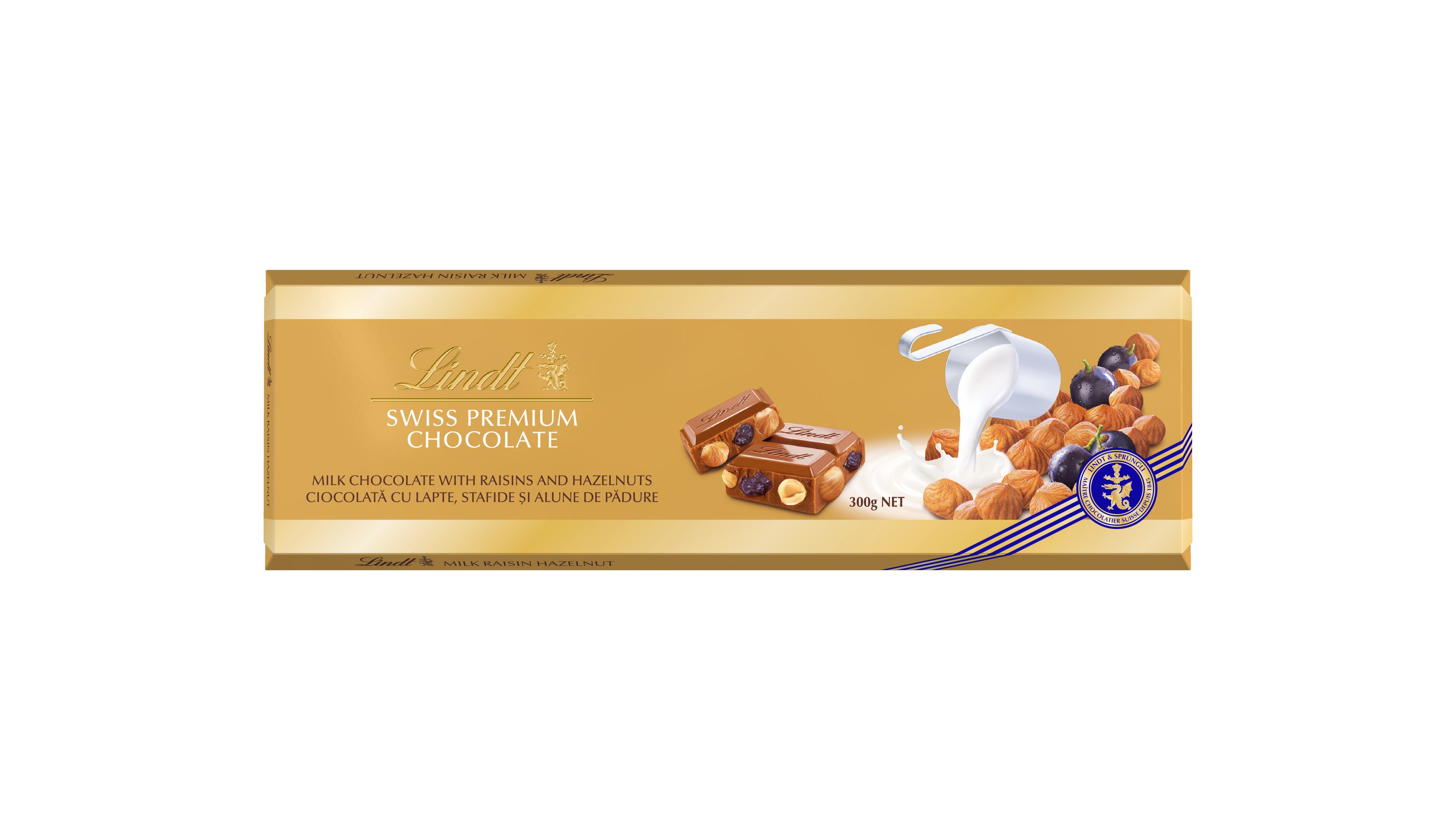 LINDT Gold, tableta de ciocolata, cu lapte, stafide si alune de padure, 300 g [ps:f9c5e8fc-47e4-47ba-aeea-69e1847e419f]