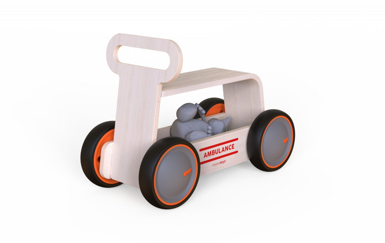 Masinuta ride-on, premergator si carucior de jucarii MamaToyz DriveMe Wood, Ambulanta - Jucarie din lemn 3 in 1