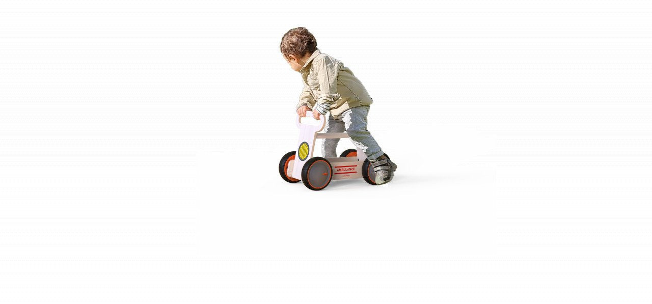 Masinuta ride-on, premergator si carucior de jucarii MamaToyz DriveMe Wood, Ambulanta - Jucarie din lemn 3 in 1 - Imagine 11